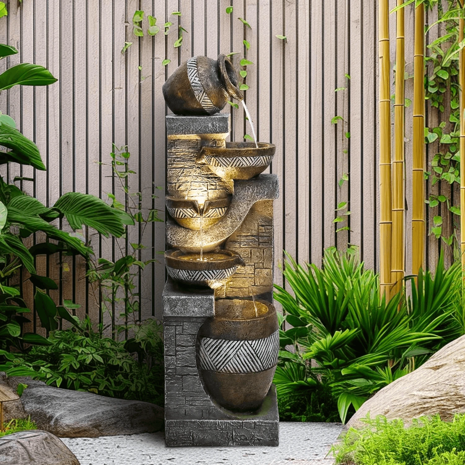product_image_1765391021 42.5"H-5 Tiered Clay Pot Outdoor Water Fountain with LED Light