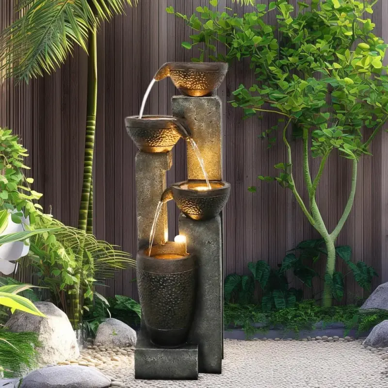 40''H 4-Tier Pots Garden Outdoor Fountain with Warm LED lights