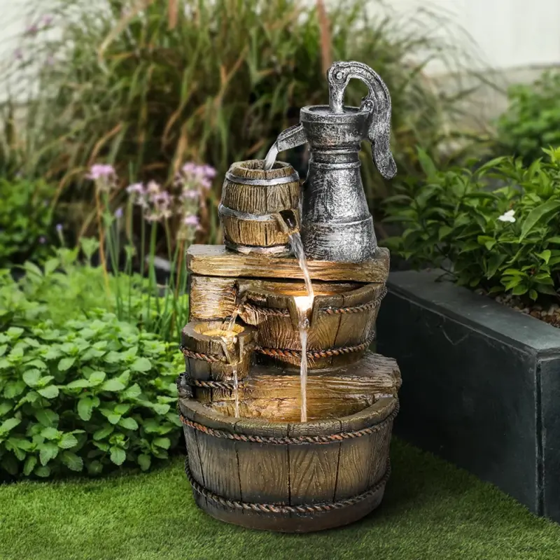 25.5''H 3-Tiered Retro Barrel Outdoor Fountain with LED Lights