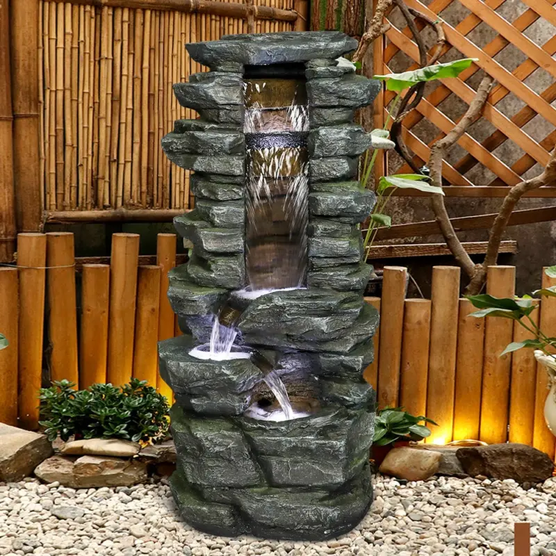 31.4"H Stacked Shale Garden Outdoor Fountain with White LED Lights