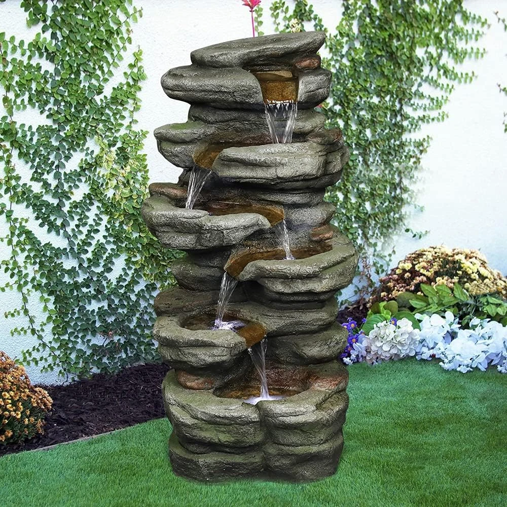 product_image_1765393510 30.7"H- Tiered Rock Garden Outdoor Fountain with White LED Lights