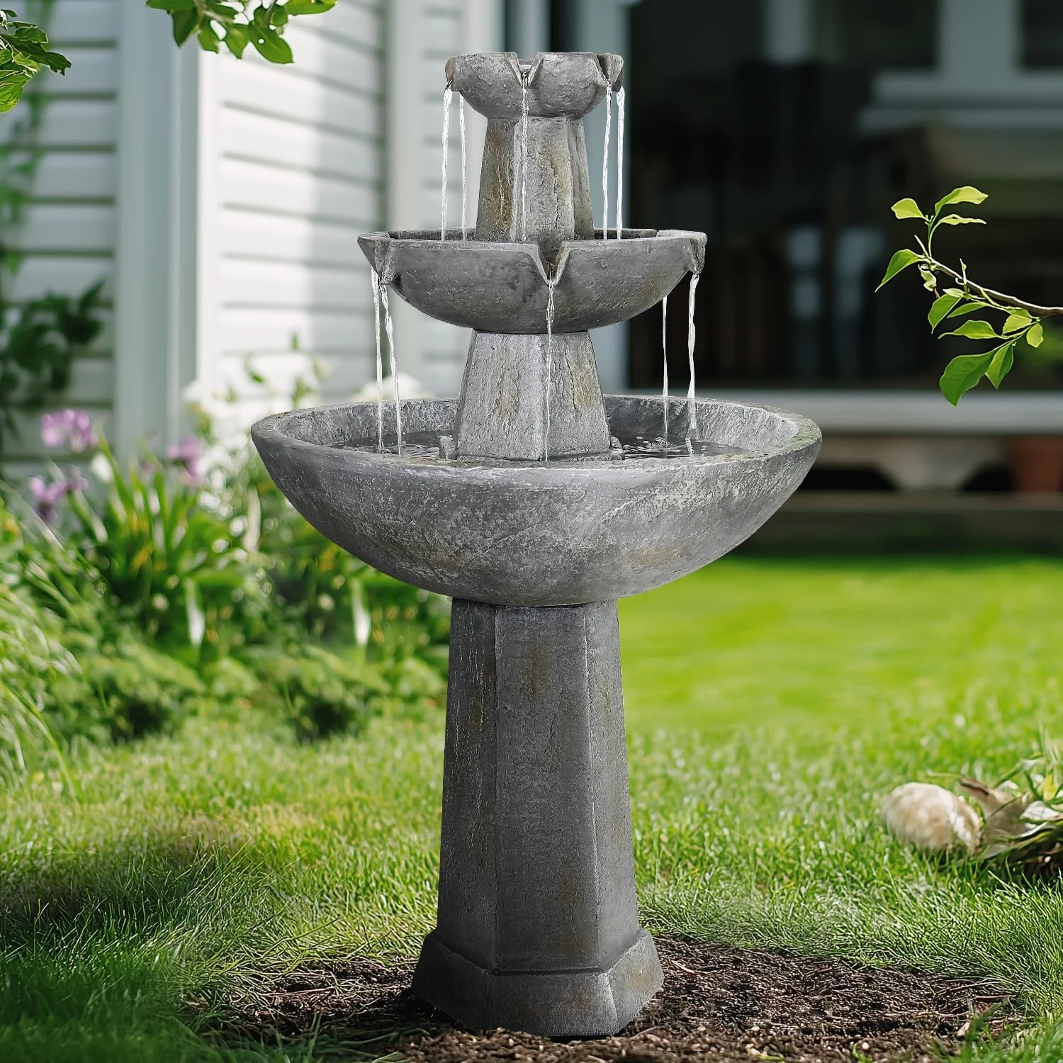 product_image_1765393944 3-Tiered Cement Grey Outdoor Garden Fountain-43.3"H