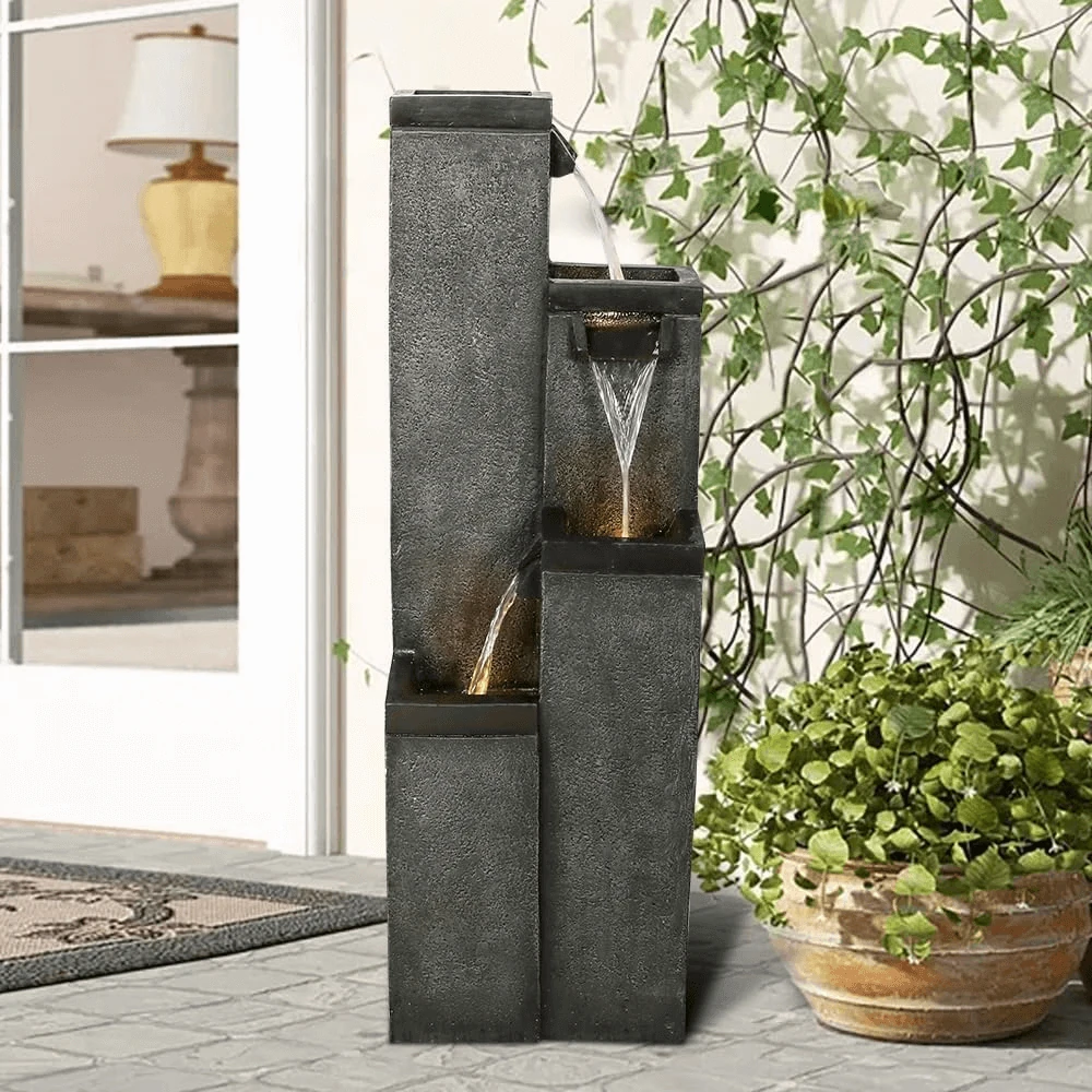 product_image_1765394746 39.3"H 4-Tiered Square Outdoor Fountain with Warm LED Lights