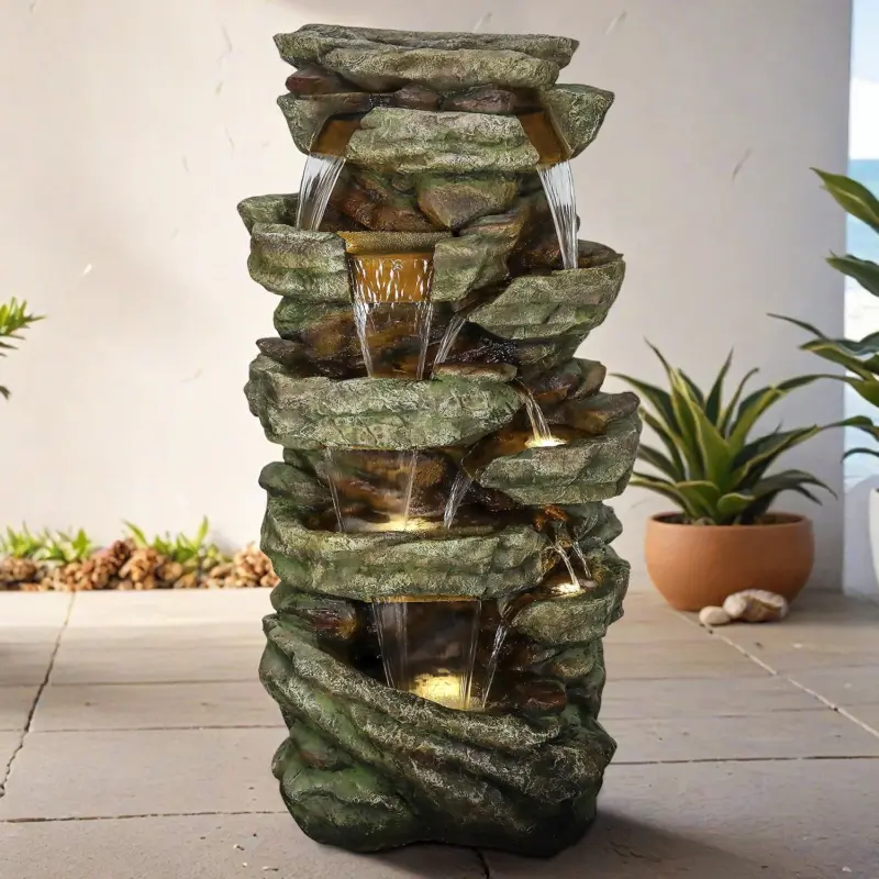 47.2" High Cascading Rock Outdoor Water Fountain with LED Lights