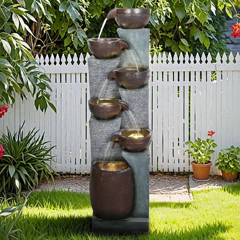 53.5in High Outdoor Indoor Water Fountain, 6-Tiered Poly-Resin Waterfall Fountain with LED Lights