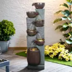 53.5in High Outdoor Indoor Water Fountain, 6-Tiered Poly-Resin Waterfall Fountain with LED Lights