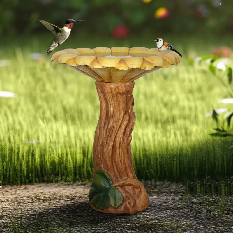24.4"H Concrete Outdoor Bird Bath with Sunflower Bowl and Woodtone Pedestal - Garden Decor